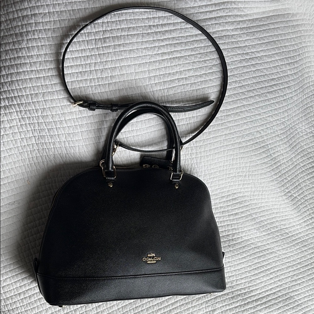 Coach Black Leather Satchel with Polished Finish and shoulder strap